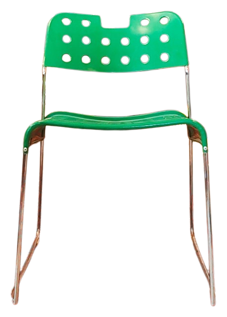 Chaise coque plastique vert vif et piétement chromé — design empilable vintage