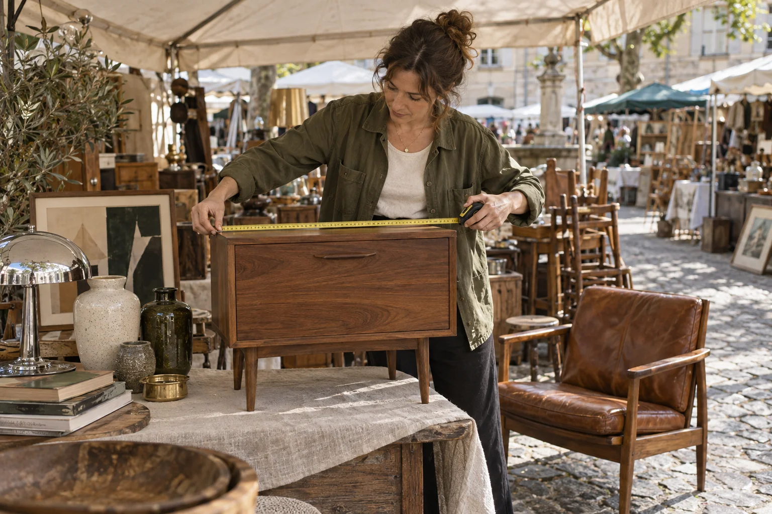 Illustration d’une brocanteuse mesurant un meuble en noyer sur un étal de chinage.